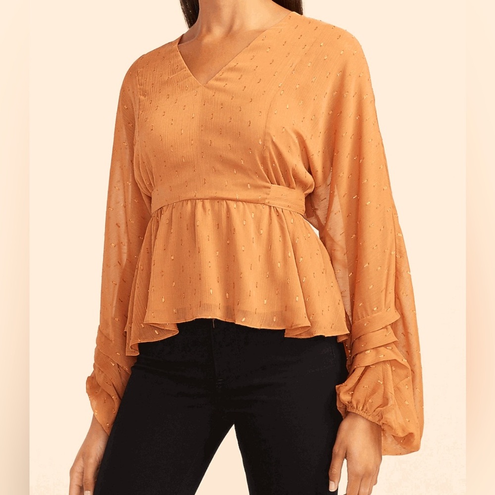 Express Metallic Clip Dot Tie Back Balloon Sleeve Top Ochre Orange Size Small